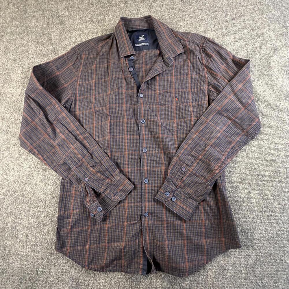 Louis Philippe Mens Super Slim Fit Plaid Button Down Shirt Navy Brown 40 F 1392
